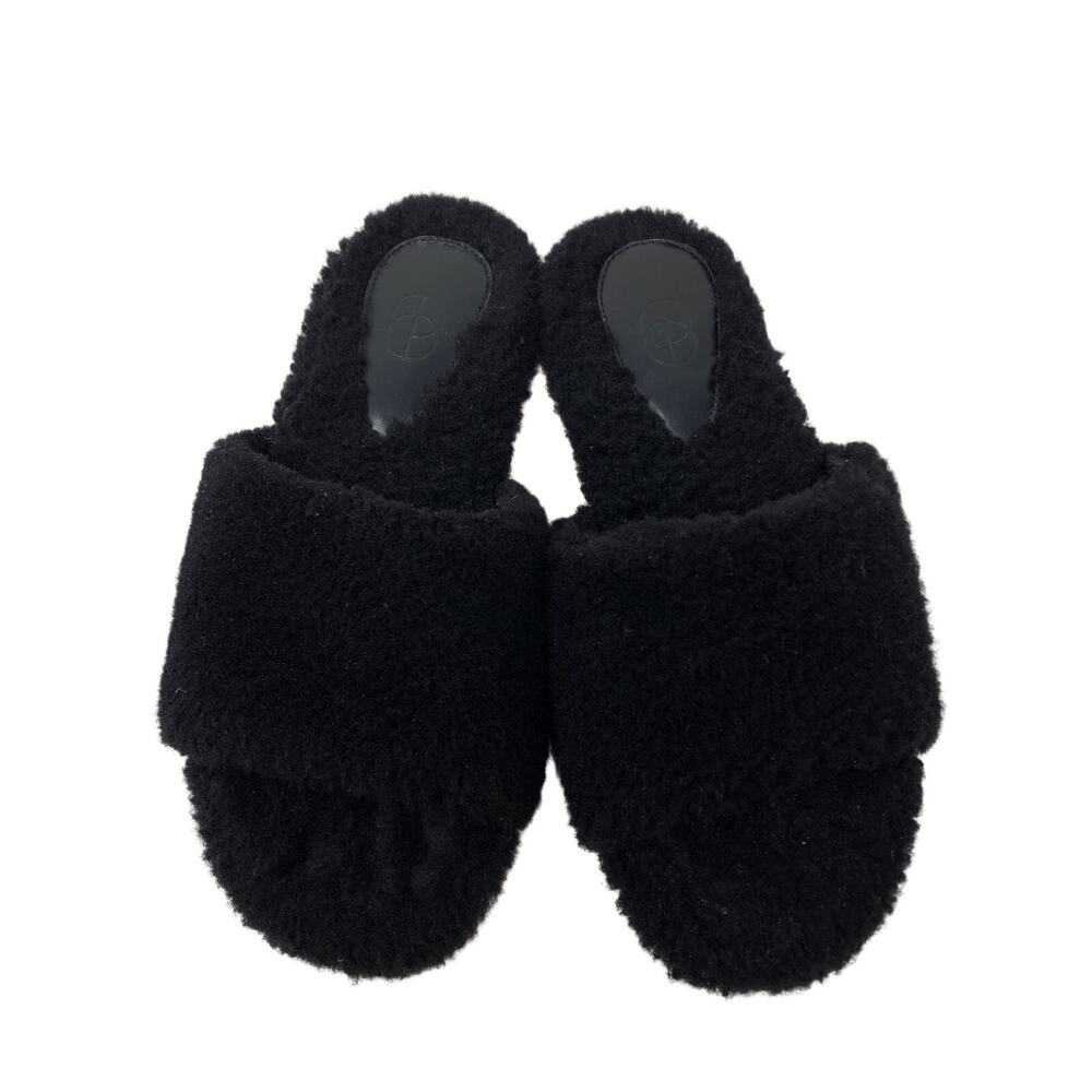 Porte & Paire Shearling Slippers Womens Size 37 US 7 Black Leather Lining + Sole - Picture 3 of 8